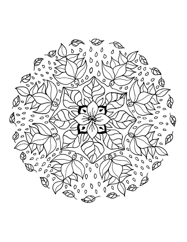 Superbe mandala centré sur un élément: la feuille, où figure une jolie fleur au milieu.
